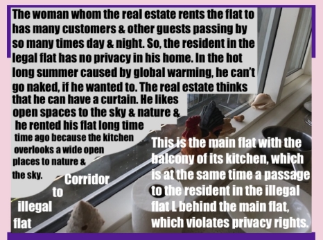 The housing company / real estate rents illegal flat behind legal one, which has a balcony and a corridor leading to the illegal one, which violates human rights and causes problems between neighbours.