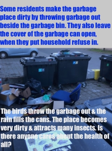 Some residents throw garbage out beside the cans and leave the can covers open for birds to throw garbage out and for the rain to make the place dirty.