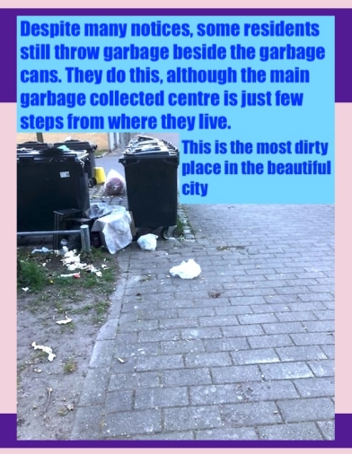 Some residents in Denmark make garbage place dirty by throwing garbage out beside the cans and leaving the can covers open.